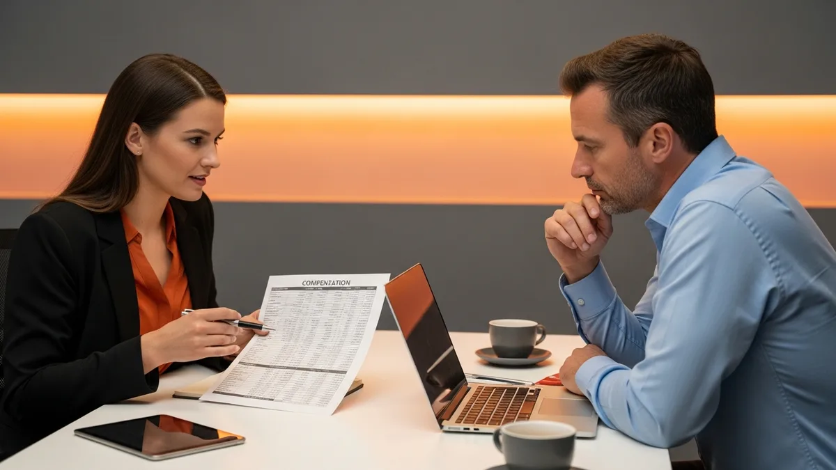 KORE1 recruiter and hiring manager reviewing 2026 senior engineer compensation trends over a laptop and printed comp sheet