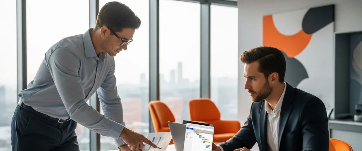 Two business professionals comparing IT staffing and IT consulting models at a modern office desk