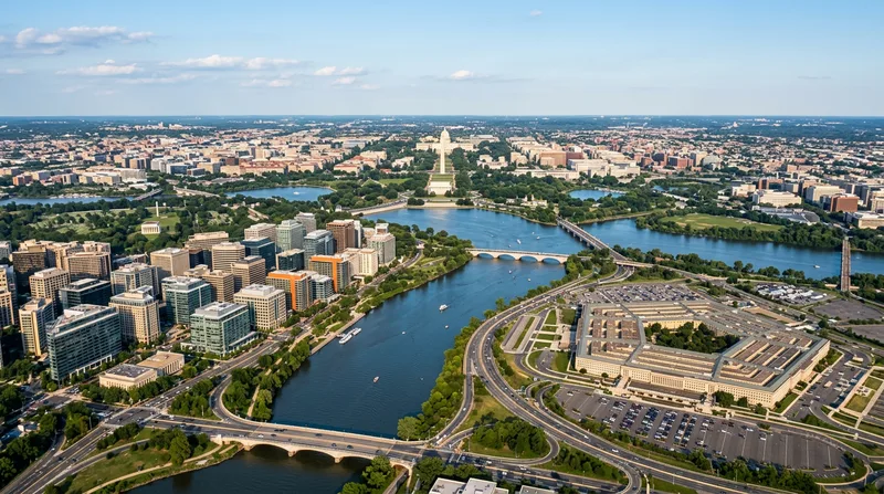 Aerial view of the Washington DC metro showing the Potomac River, Pentagon, and surrounding Arlington office corridor