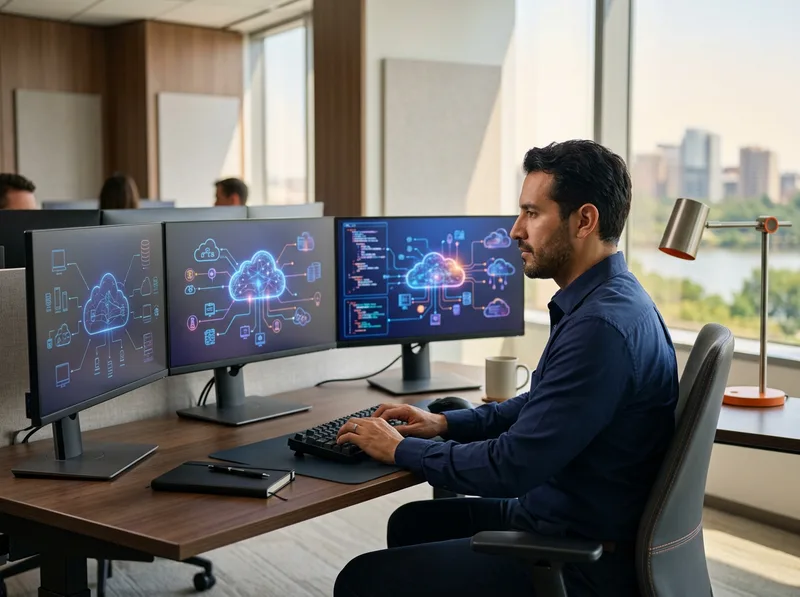 Cloud engineer working at a secure workstation with multiple monitors in a Washington DC federal contractor office