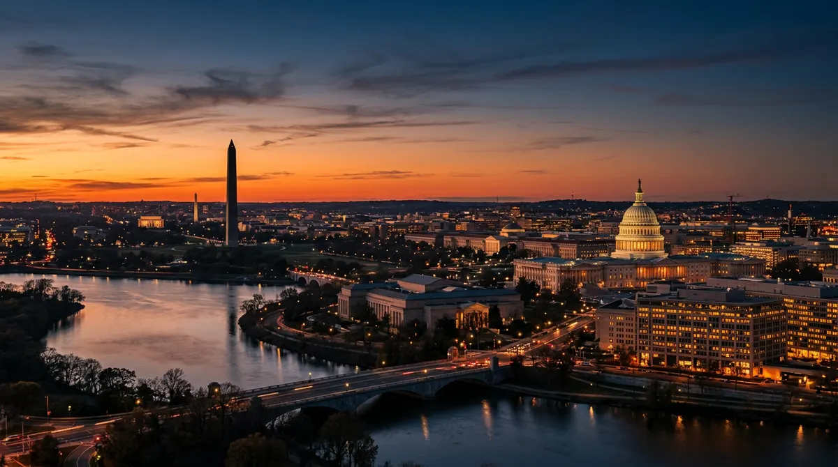 Washington DC federal skyline at dusk with the Capitol dome and surrounding government office buildings