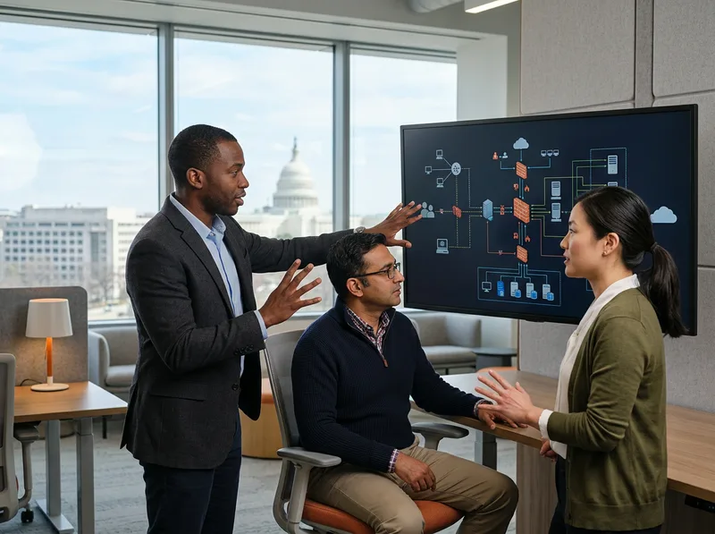 Federal IT team reviewing secure network architecture diagrams in a Washington DC office