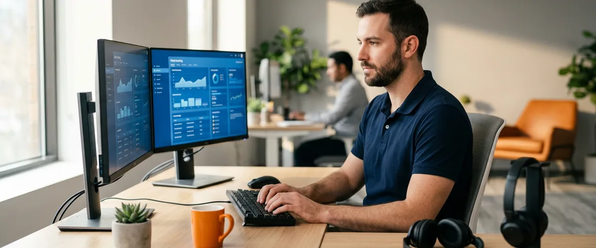 IT support technician at workstation triaging Tier 1 and Tier 2 tickets on a dual monitor setup