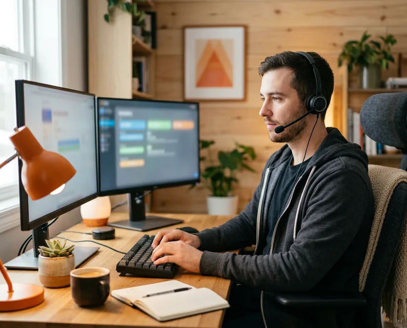 Remote IT support technician working from a home office with a headset and dual monitors