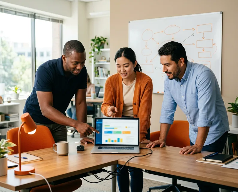 IT support team at shared desk reviewing a ticket queue across Tier 1 and Tier 2 technicians