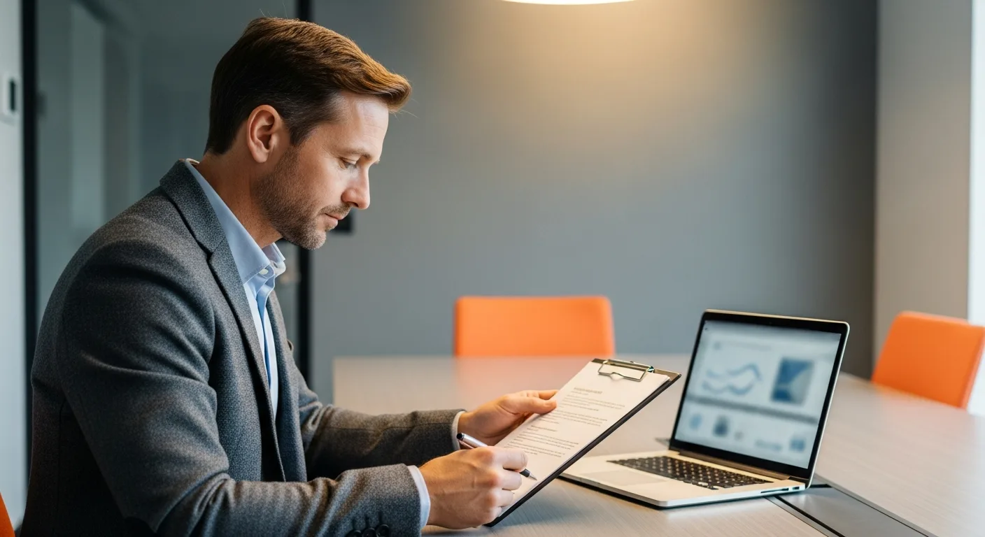 Hiring manager reviewing Java developer interview notes and evaluation criteria at conference table
