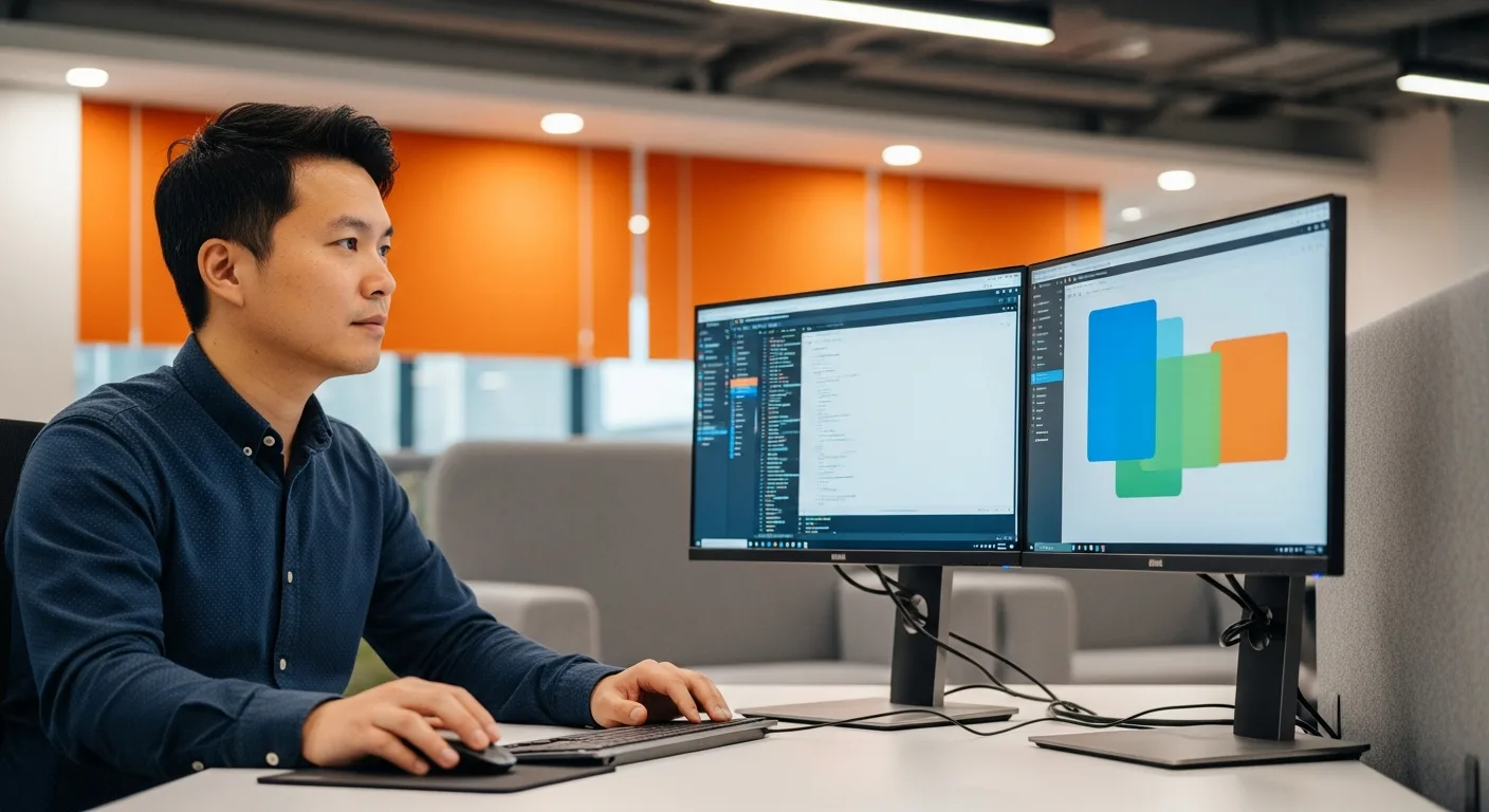 Java developer at dual-monitor workstation preparing for a technical interview in a modern office