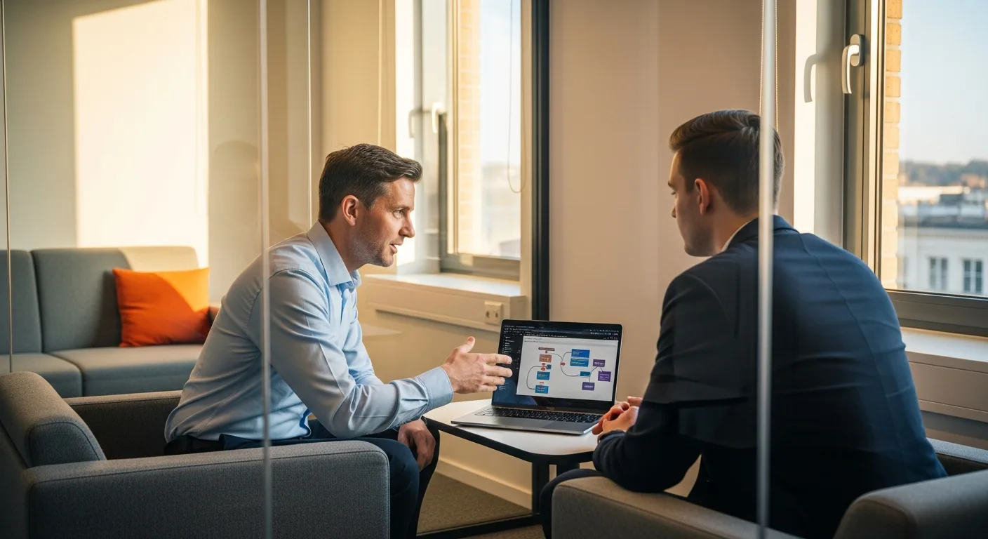 Two engineers discussing Java technical interview questions and system design in a meeting room