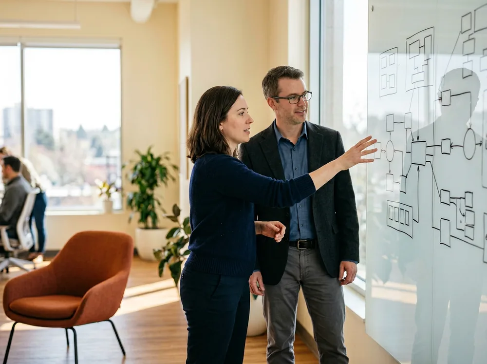 Two senior Java engineers reviewing a microservices architecture diagram at a whiteboard