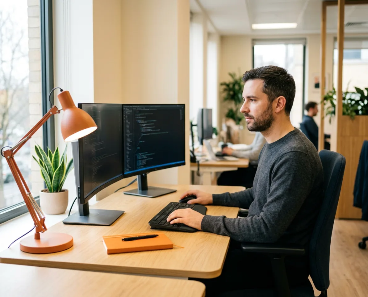Senior Java developer working on Spring Boot microservices code at a bright workstation