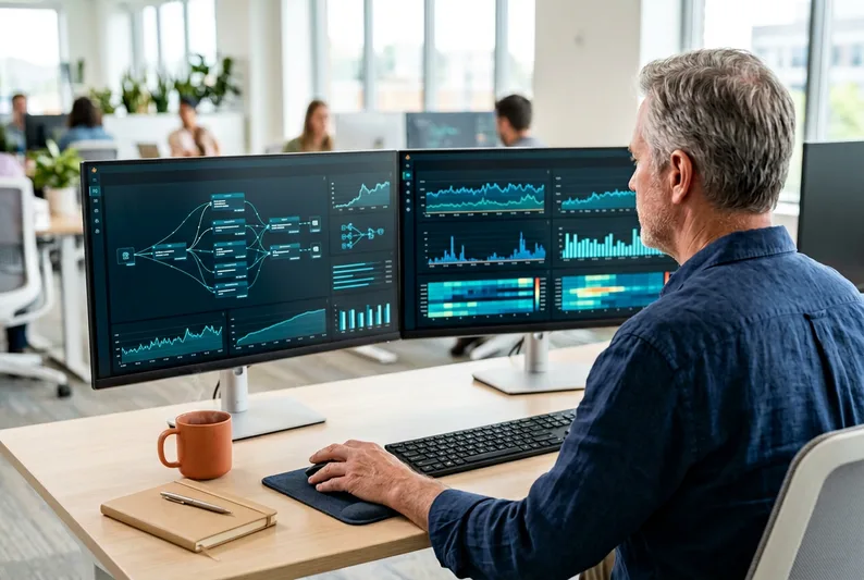 Kafka engineer reviewing consumer-group lag dashboard and Kafka Streams topology on multiple monitors