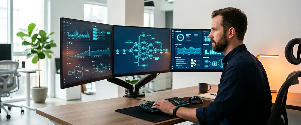 Apache Kafka platform engineer at workstation reviewing streaming pipeline topology and consumer-group dashboards, KORE1 Kafka engineer staffing