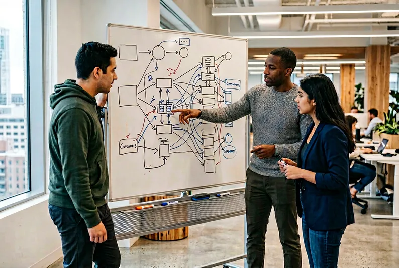 Engineering team planning Kafka migration with topology diagrams and partition strategy on a whiteboard