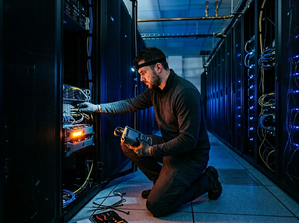 Legal security engineer conducting a compliance audit on a secured law firm server rack with a dim-lit interior