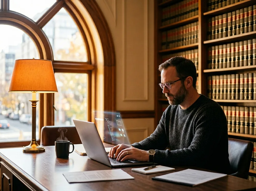 Law firm IT administrator configuring iManage document management system on a walnut desk