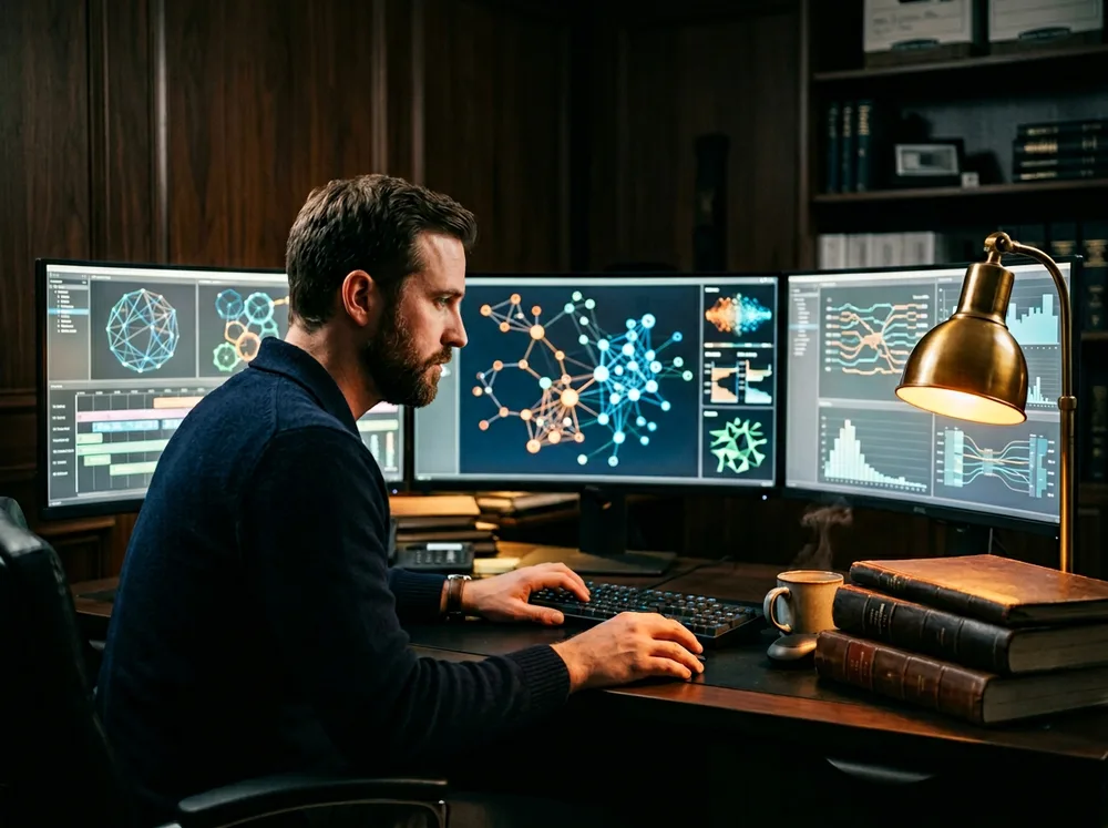 eDiscovery analyst reviewing Relativity data visualizations across multiple monitors in a litigation support suite