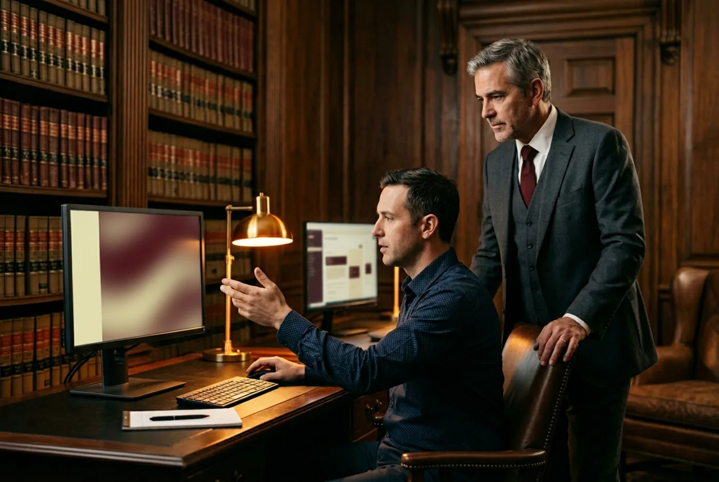 Legal IT specialist and attorney reviewing a document management workspace in a modern law firm office