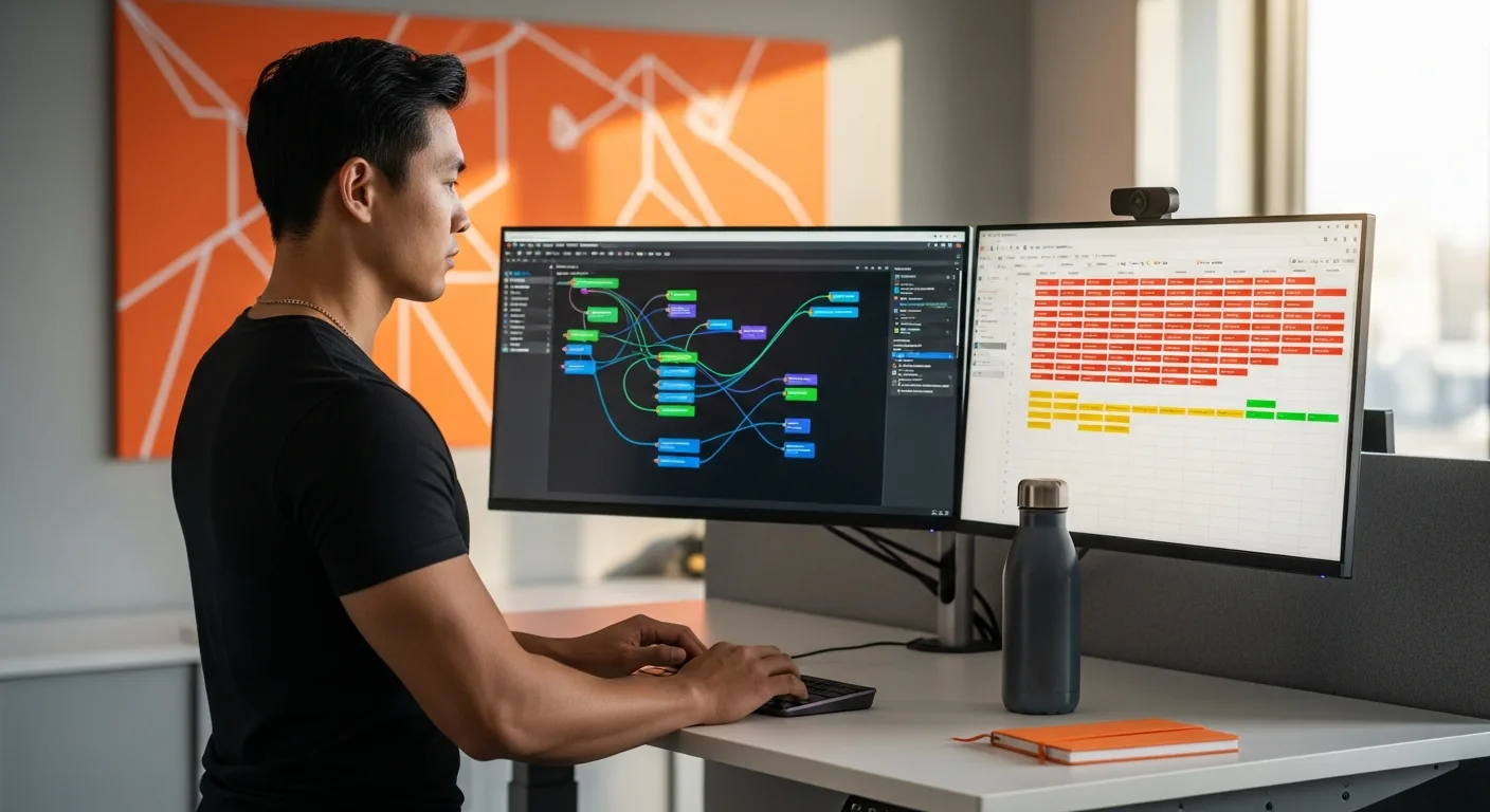 LLM engineer at standing desk reviewing vector database admin console and prompt evaluation dashboard for a RAG pipeline