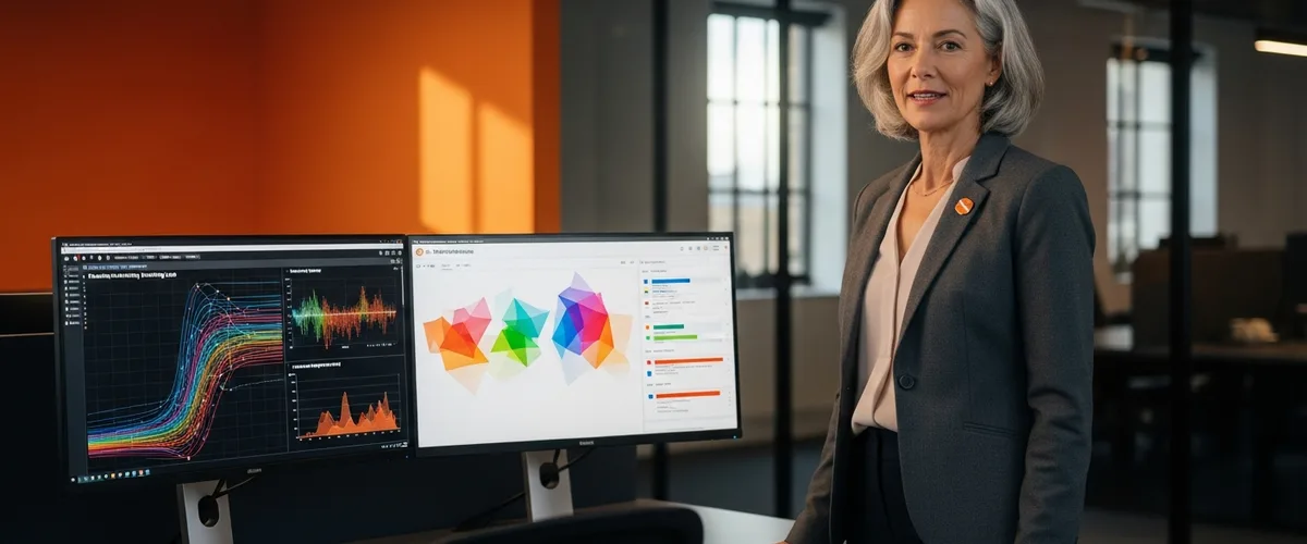 LLM engineer and ML engineer role comparison visual with model training chart and prompt evaluation dashboard on adjacent monitors