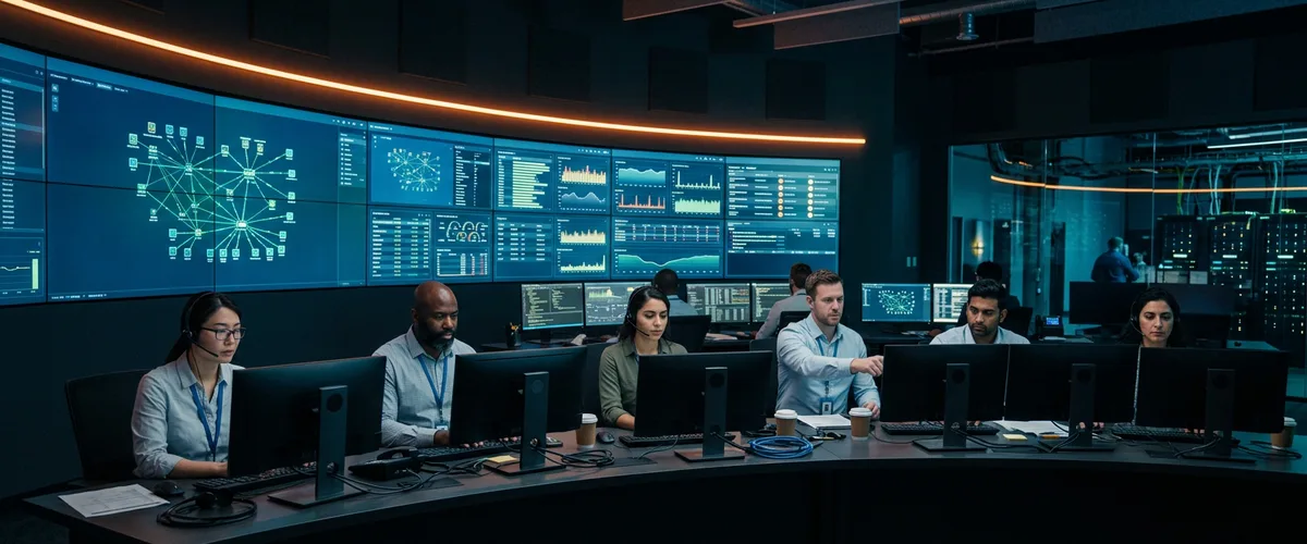 Managed IT staffing professionals monitoring client networks from a 24/7 NOC operations center