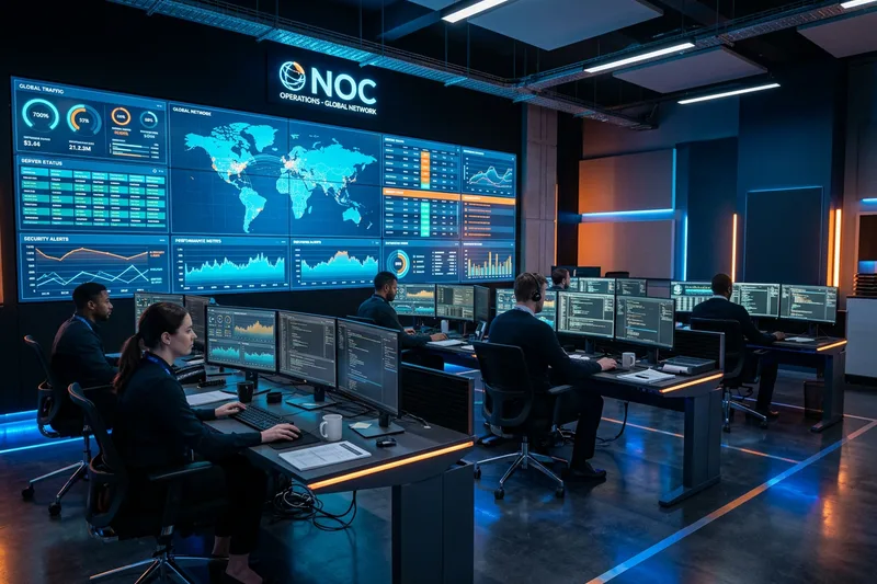 Managed services NOC operations floor with technicians monitoring client network dashboards