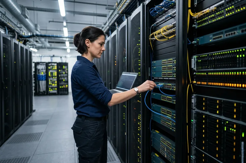 Managed services network engineer configuring a client server rack during a scheduled maintenance window
