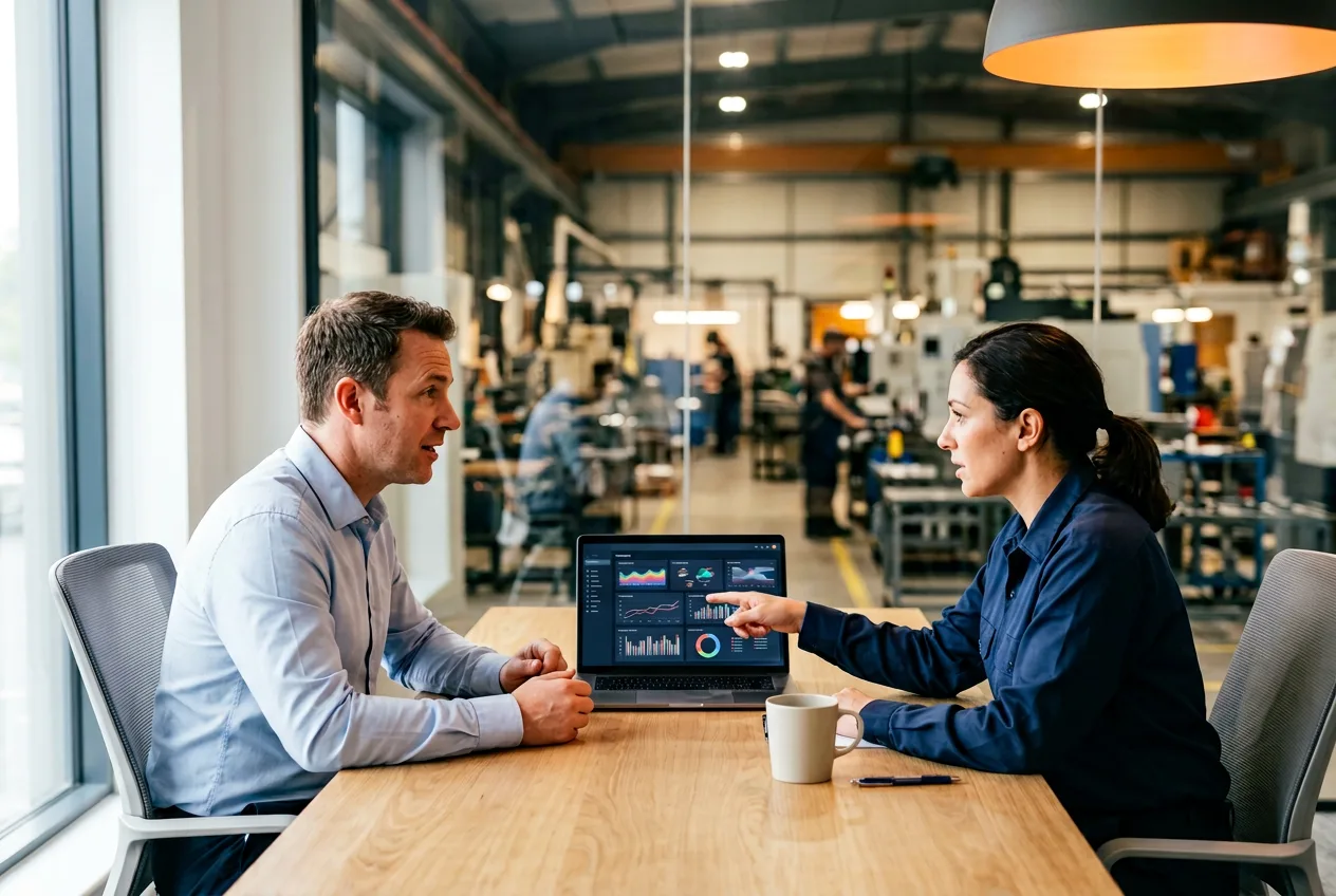 ERP consultant and plant operations leader reviewing a migration plan on a laptop in a manufacturing conference room