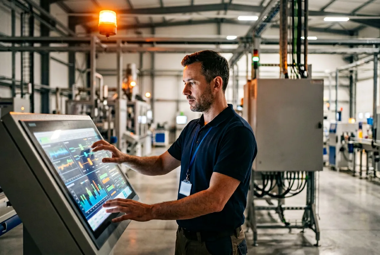 Manufacturing IT engineer reviewing MES data on a plant-floor HMI with Allen-Bradley controls in view
