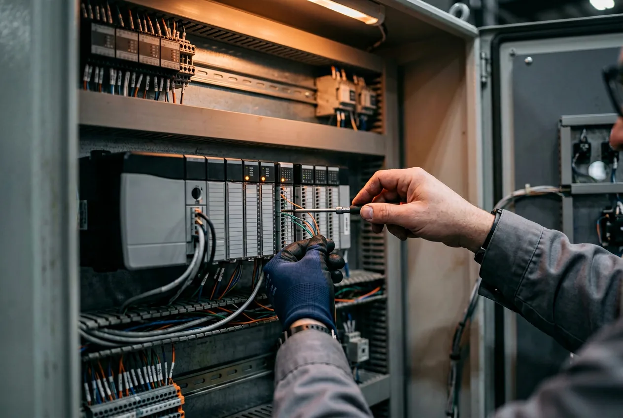 Close-up of an Allen-Bradley PLC cabinet with network cabling, operator hands visible, warm orange task lighting
