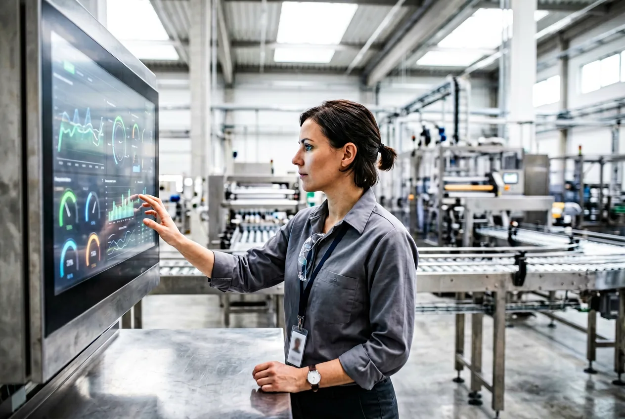 Plant-floor operator watching a live MES dashboard with production metrics and a small orange indicator