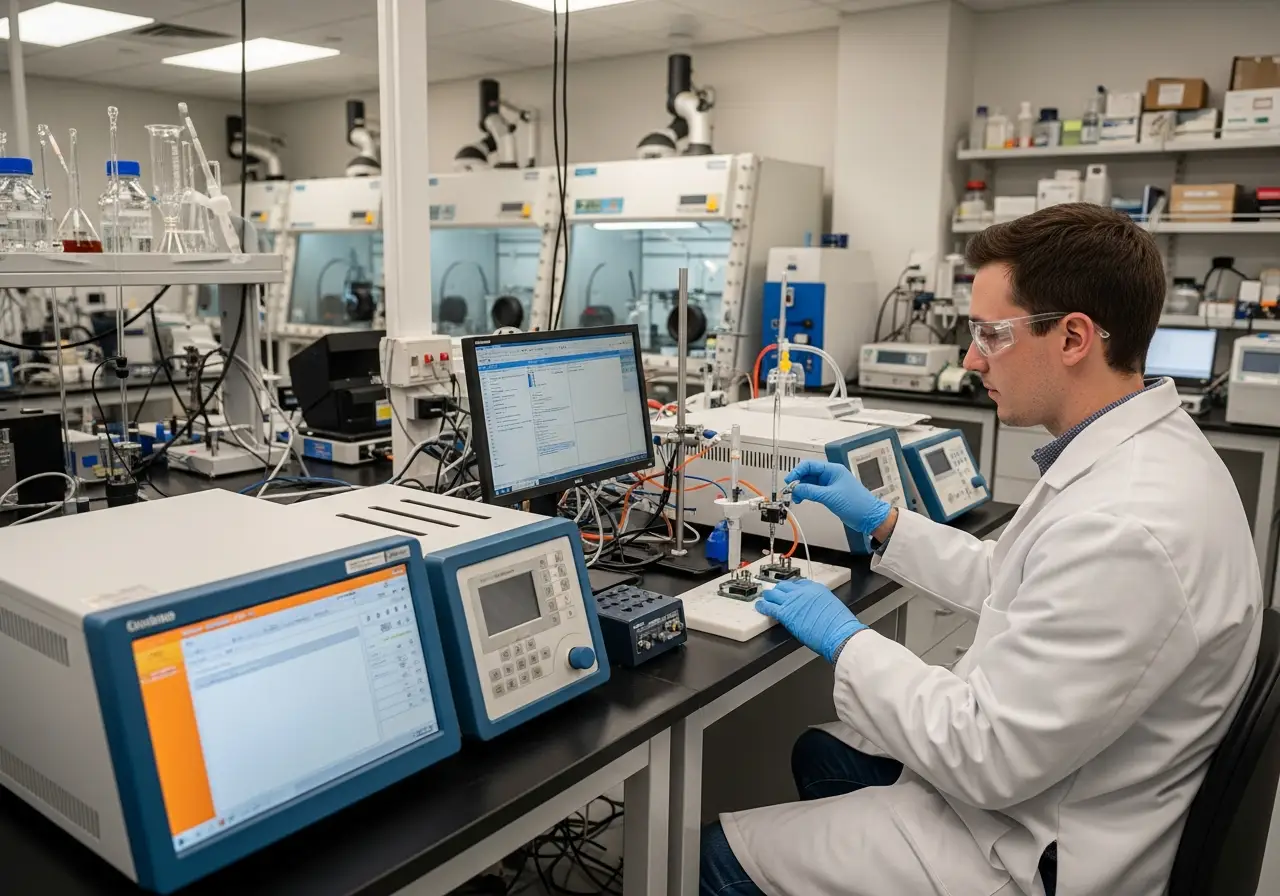 Battery materials researcher testing electrochemical cell components in an advanced R&D laboratory