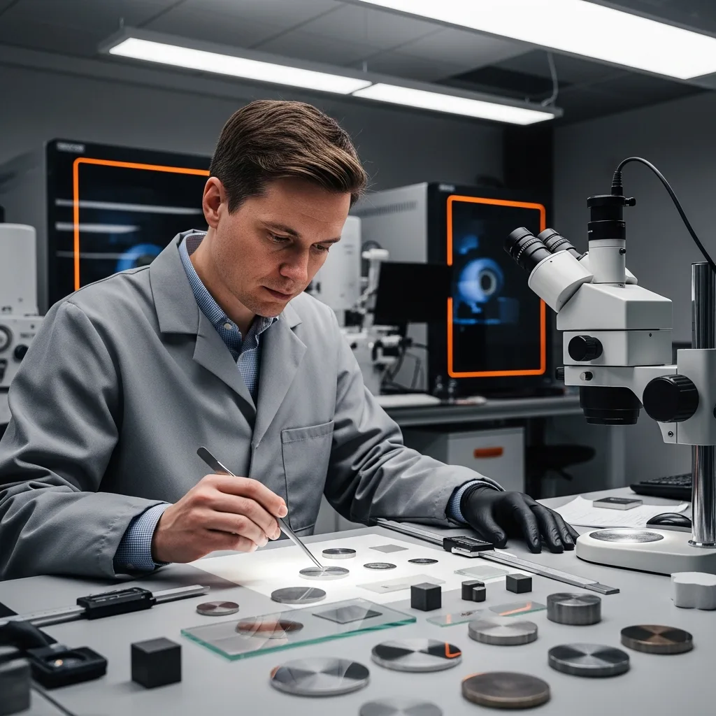 Materials engineer examining polished metal alloy samples in a modern research laboratory