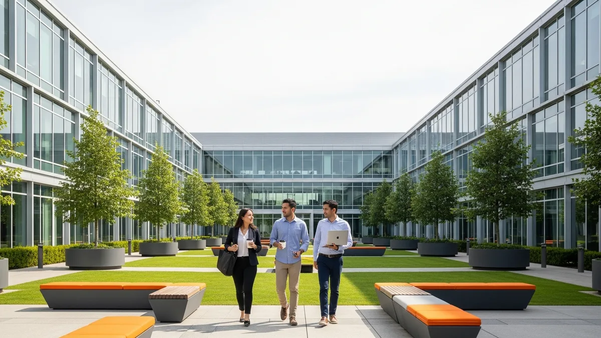Modern tech headquarters campus at mid-morning with three engineers walking between glass buildings during Meta 2026 layoff wave