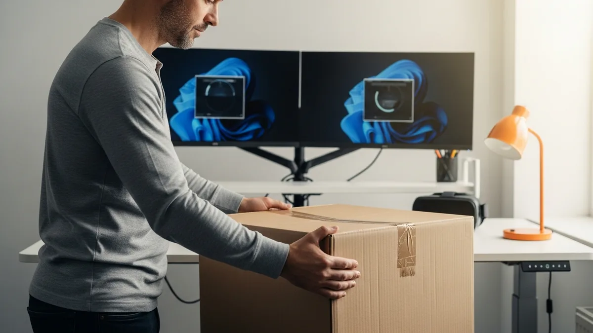 Senior ex-Meta engineer packing workstation after 2026 layoffs with Reality Labs headset on shelf