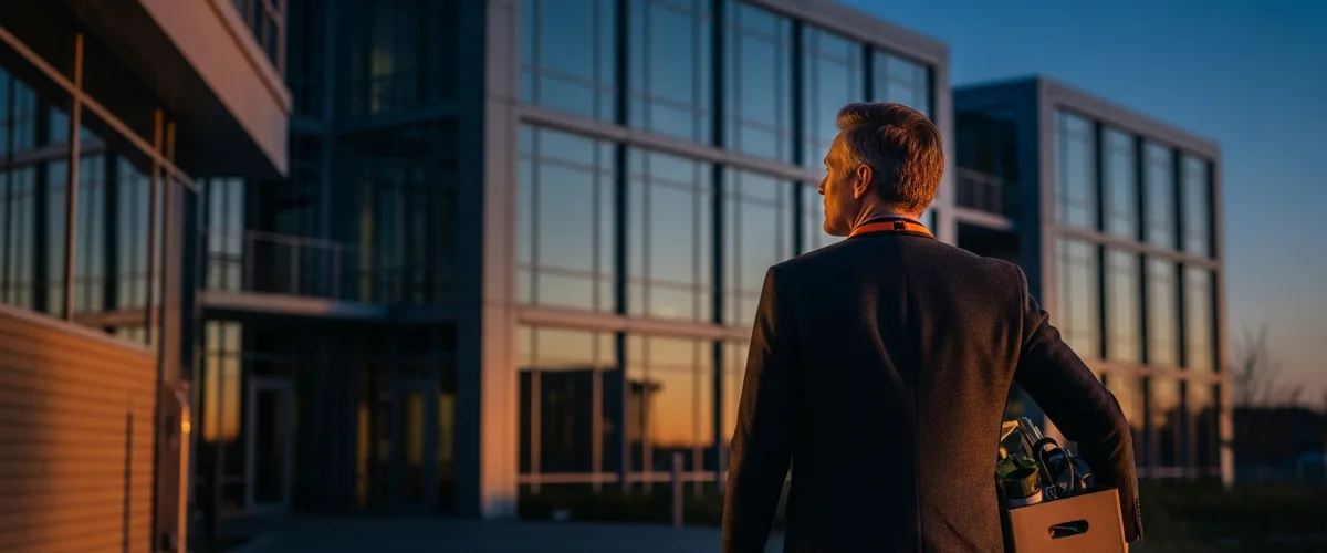 Senior Meta engineer walking away from Menlo Park office building at twilight carrying moving box after 2026 layoff