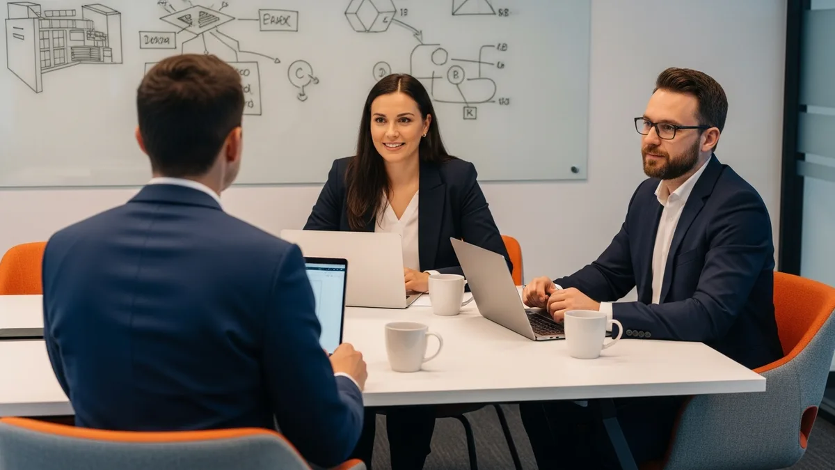 Hiring panel interviewing displaced Meta engineer in a conference room with orange chairs and architecture whiteboard