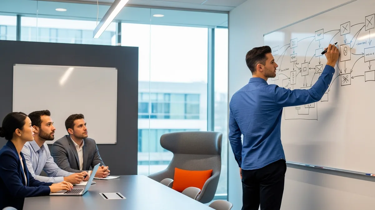 Hiring panel interviewing a machine learning engineer candidate at a whiteboard with a system design diagram