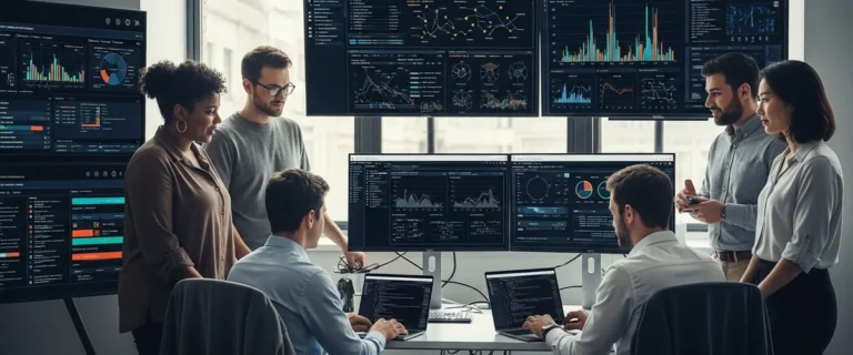 Diverse machine learning engineering team collaborating in a modern healthcare AI office reviewing model performance dashboards