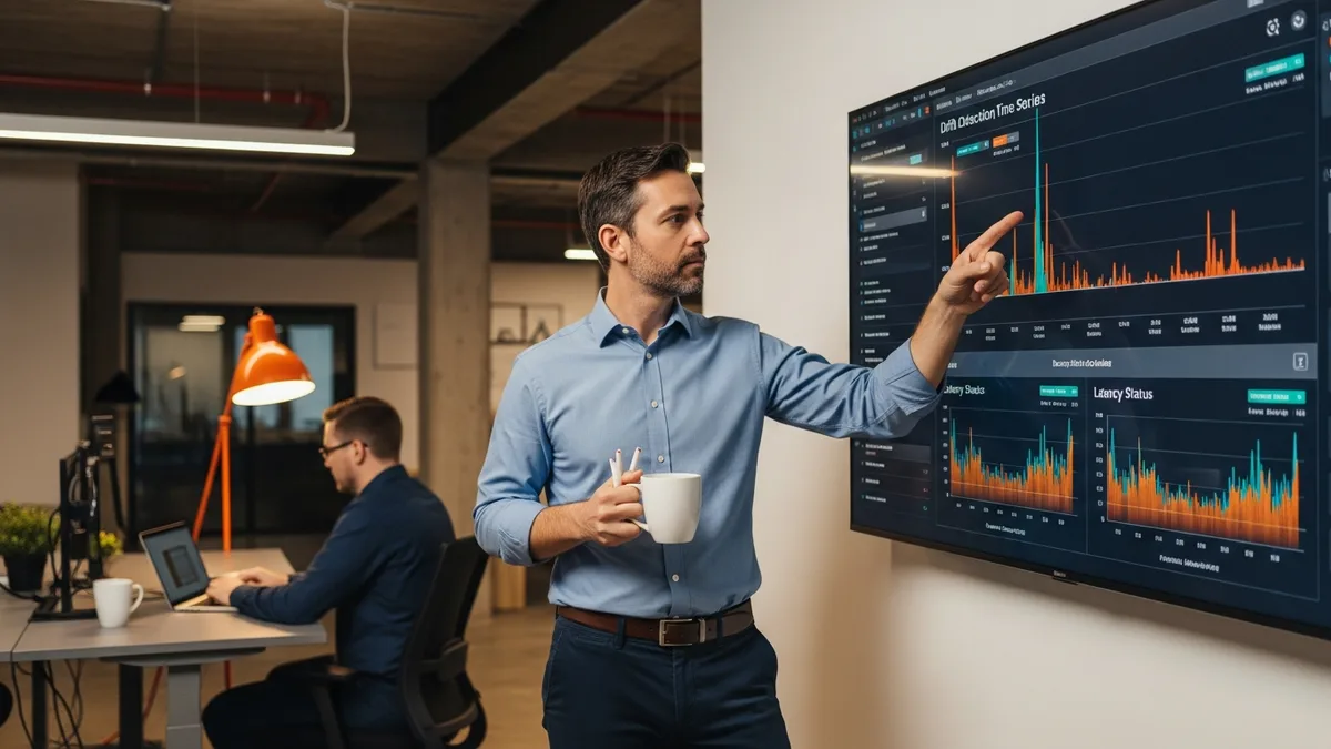 Machine learning engineer reviewing a production model monitoring dashboard with drift detection and latency percentiles