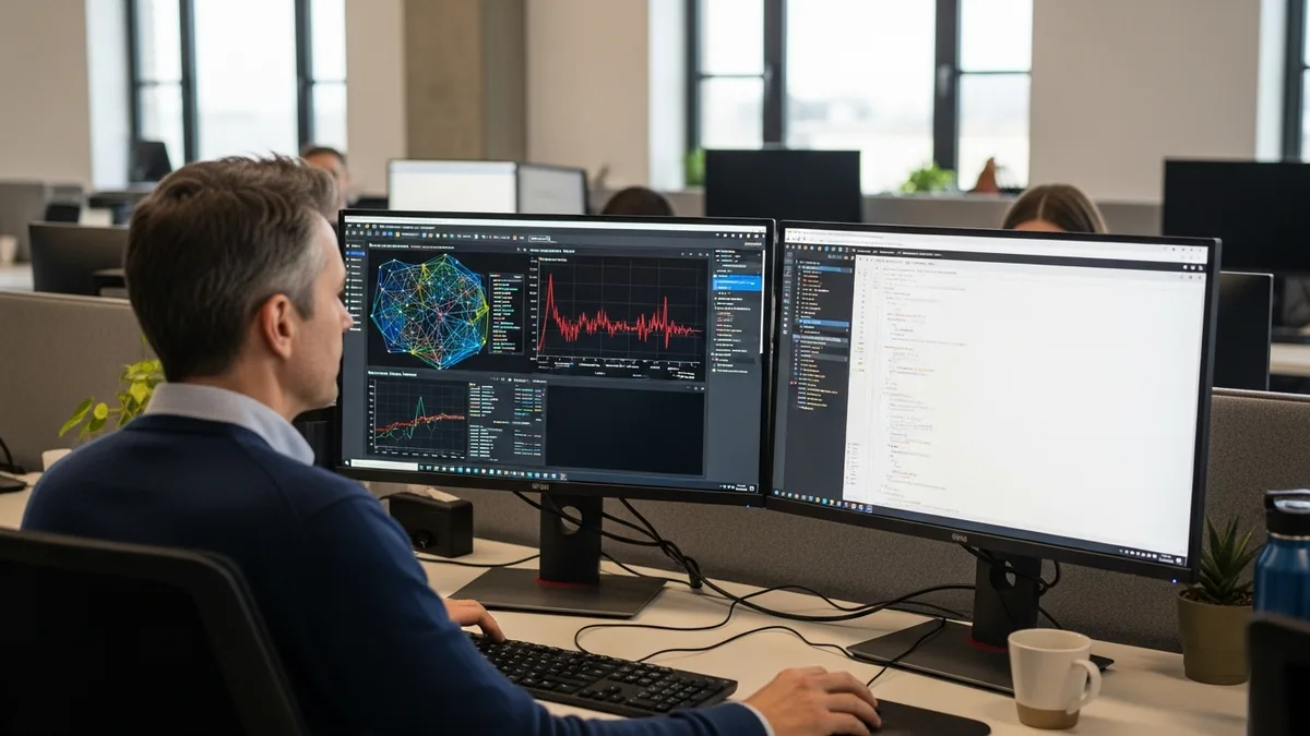 Machine learning engineer at dual-monitor workstation reviewing PyTorch training metrics and a Jupyter notebook in a modern AI office
