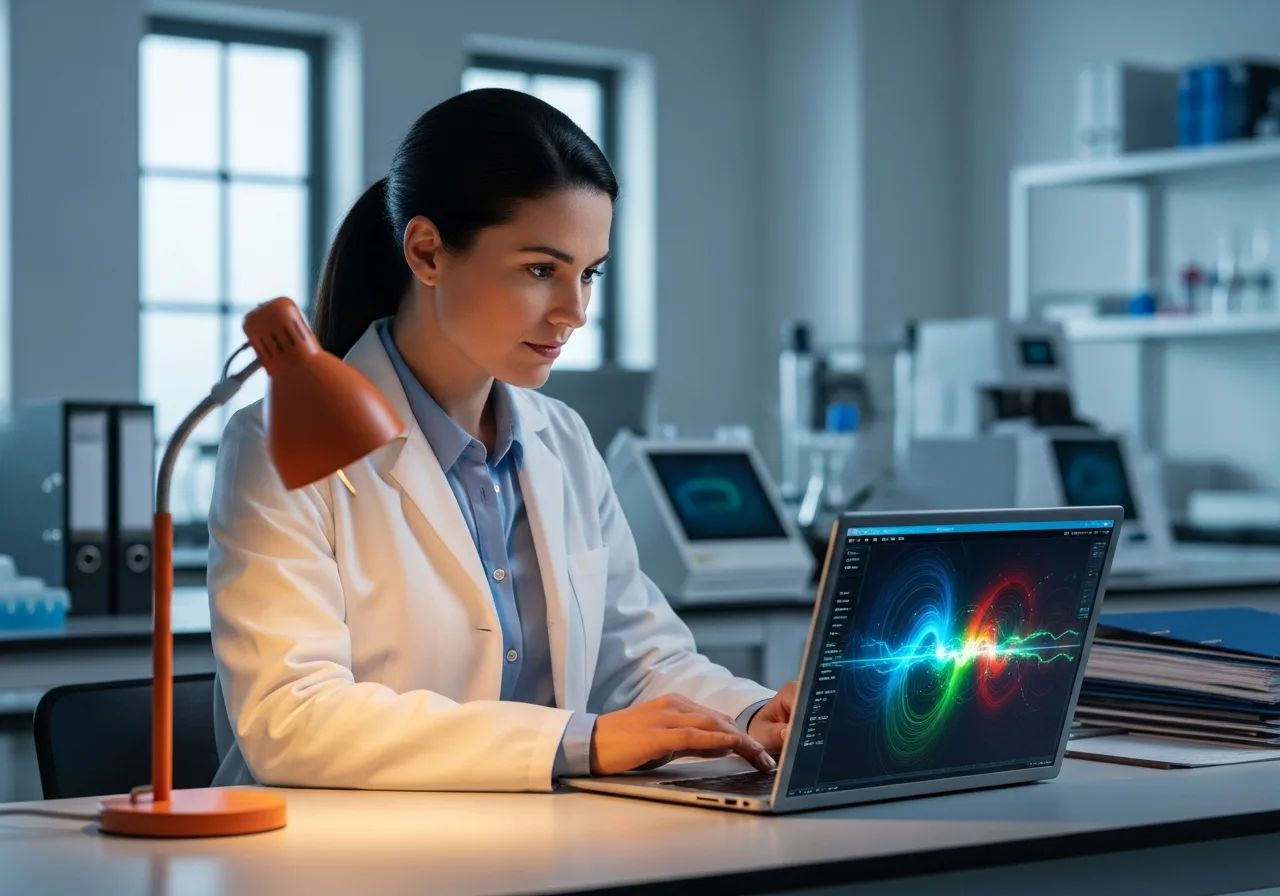 Clinical researcher in white lab coat reviewing medical data visualizations on a laptop in a hospital research lab