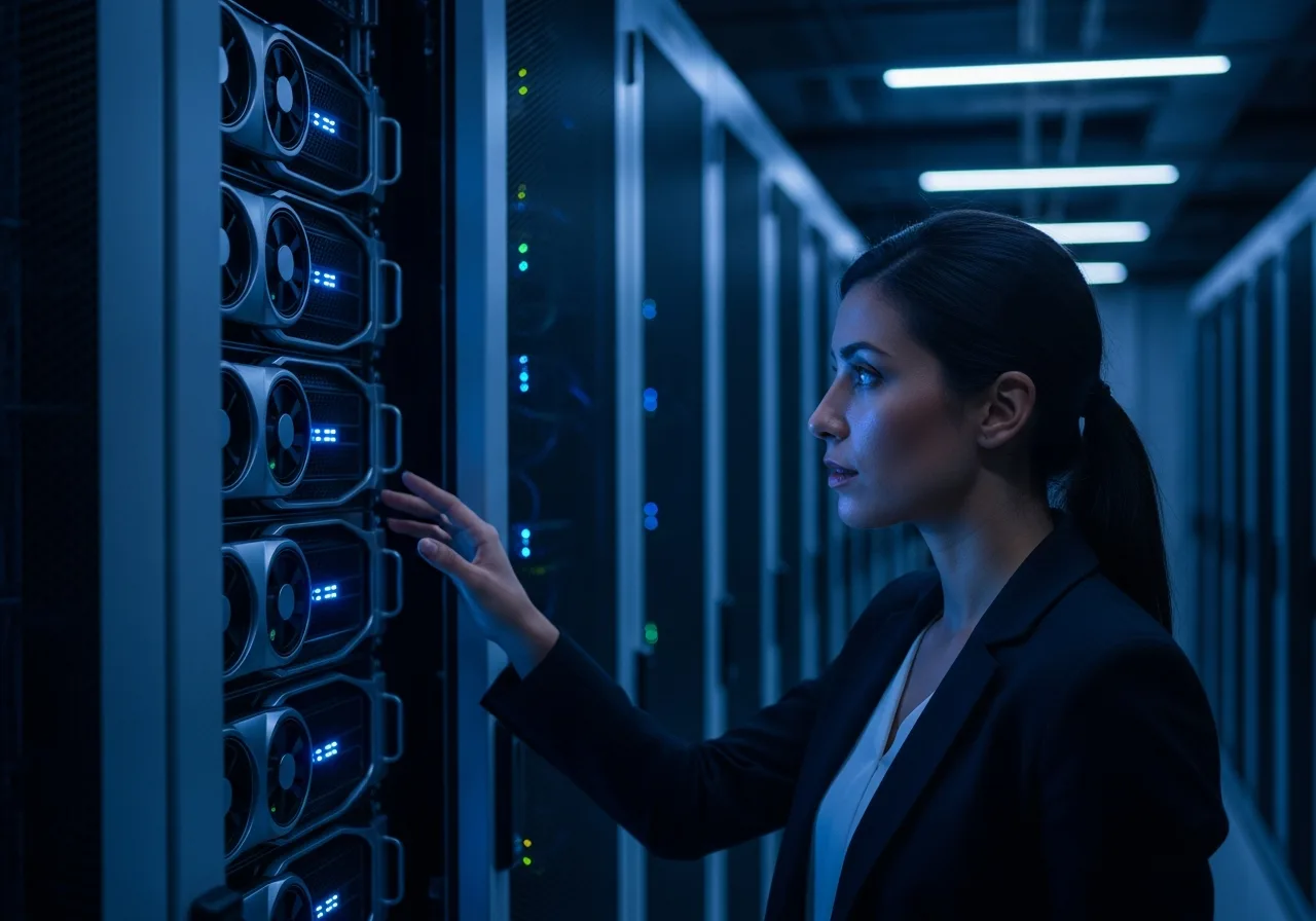 Female ML engineer inspecting a GPU server rack with blue indicator lights in a modern data center
