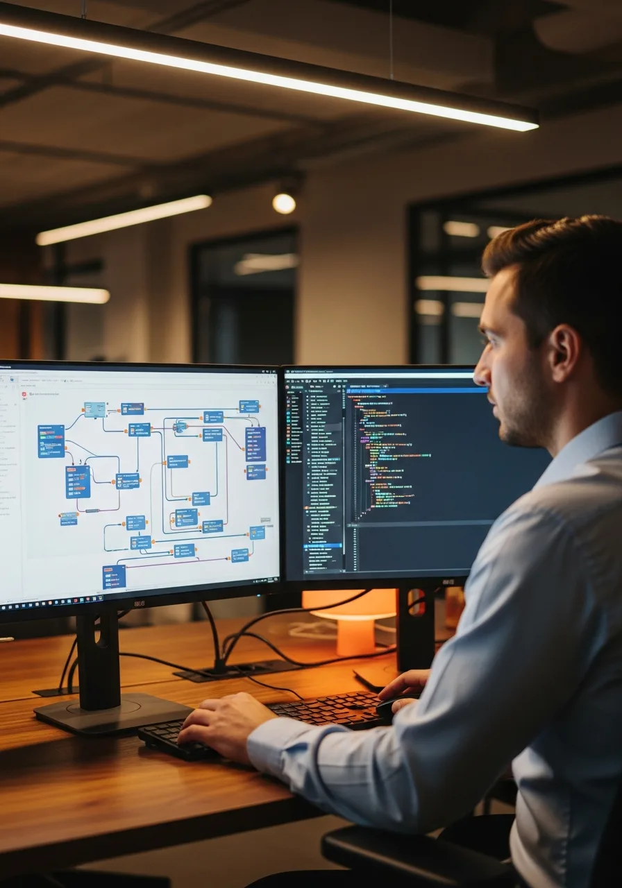 ML engineer at dual-monitor workstation with machine learning pipeline diagrams on screen in modern tech office
