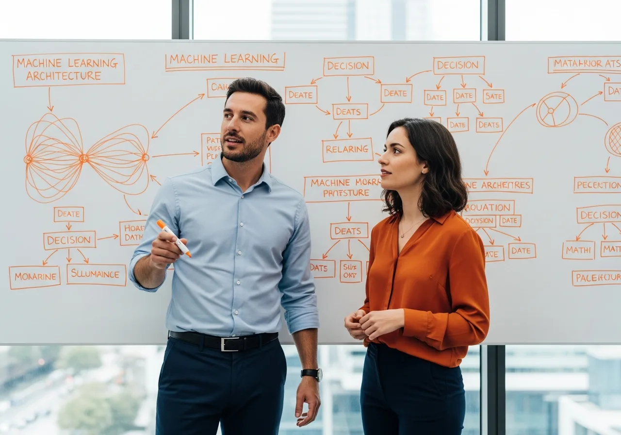 Two data scientists reviewing a machine learning model architecture diagram on a whiteboard in a bright modern tech office