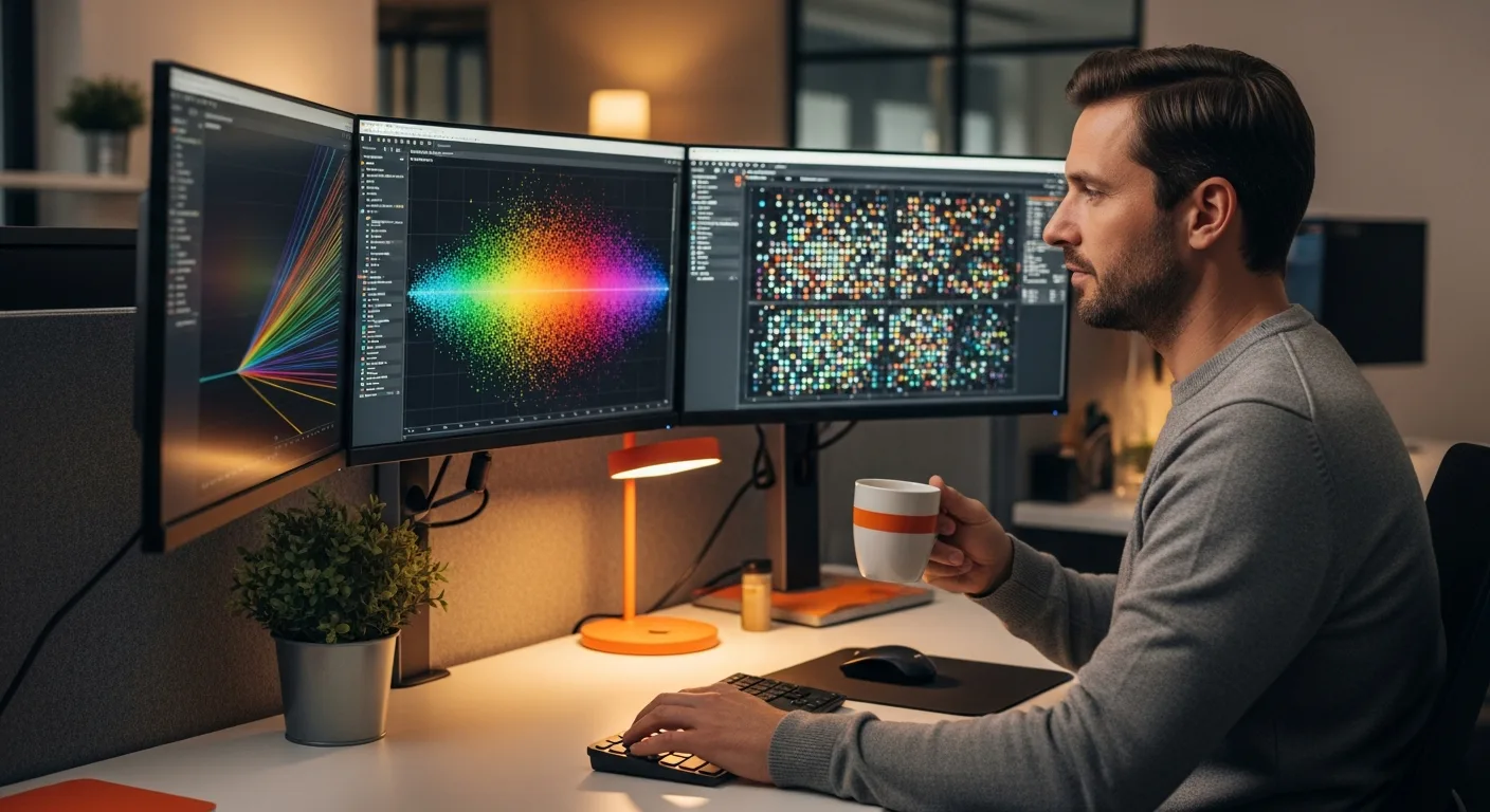 Machine learning engineer at multi-monitor workstation reviewing training loss curves and feature heatmaps during model iteration