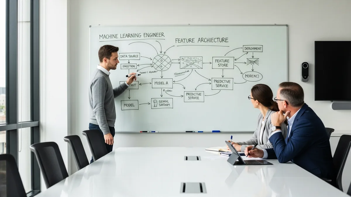 ML engineer candidate at whiteboard sketching feature pipeline and model architecture diagram during a technical interview