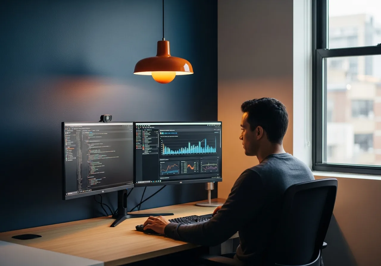 MLOps engineer reviewing machine learning pipeline deployment dashboard on multiple monitors in a modern tech office with orange accent lighting