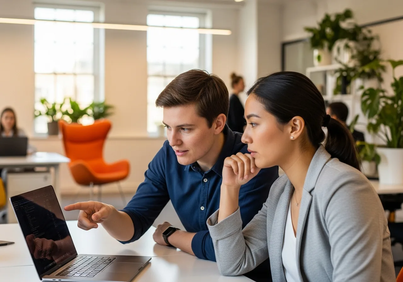 Two data scientists collaborating on an ML model deployment review at a laptop in a modern open-plan office with warm natural light
