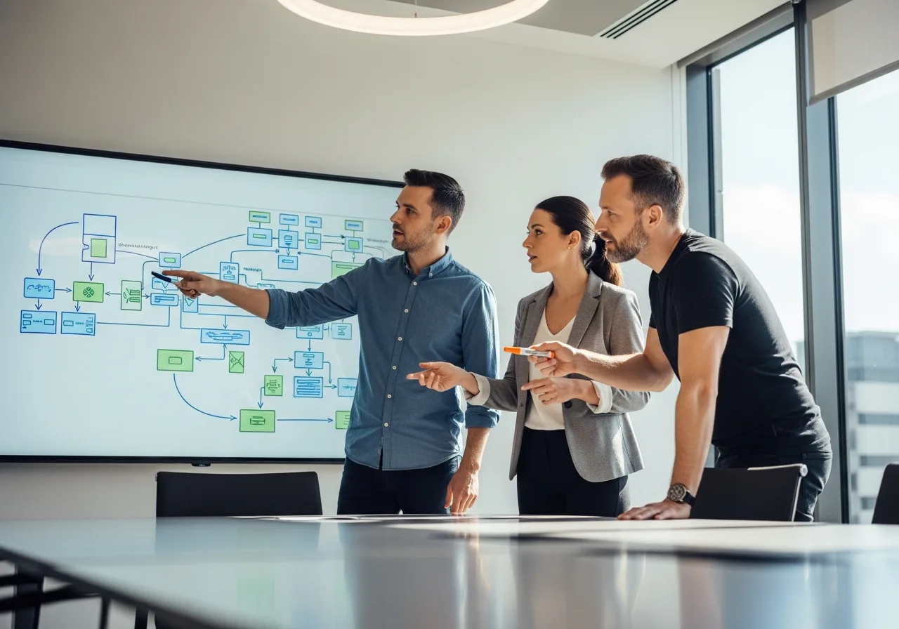Technical team reviewing ML pipeline architecture diagrams on a whiteboard in a bright corporate tech conference room