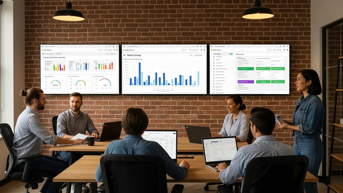 Cross-functional engineering team collaborating on MLOps deployment dashboards and model performance metrics in a modern AI workspace